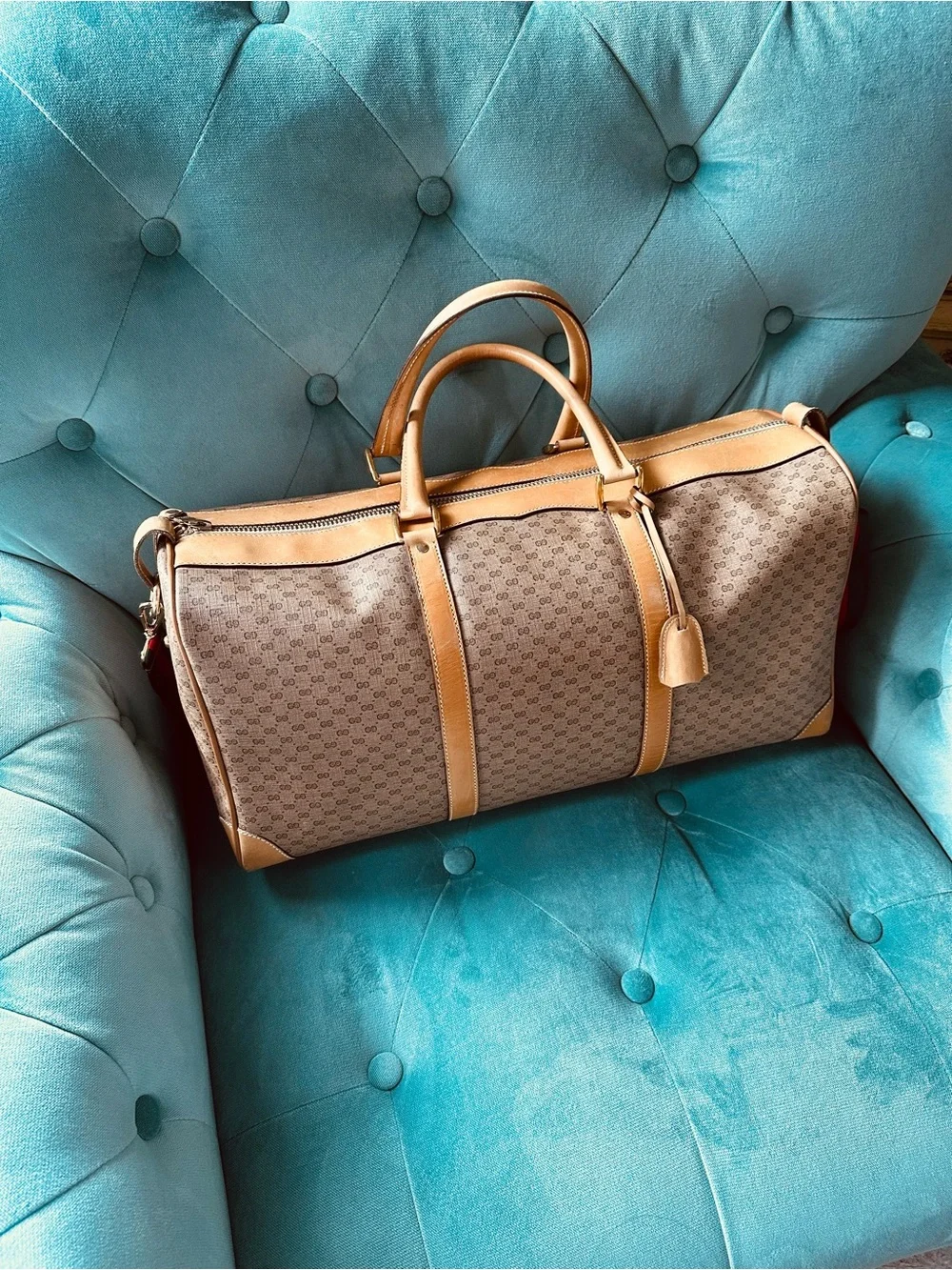 Gucci Beige Monogram Duffel with Tan Leather Trim